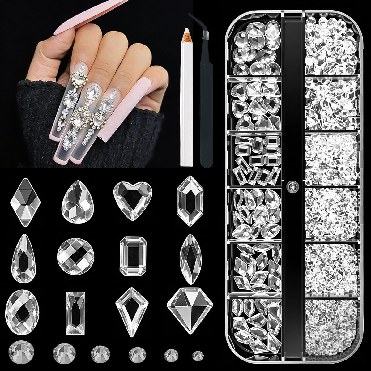 2052Pcs Transparent Clear Nail Rhinestones K9 Glass Rhinestones for Nails 72 Mul