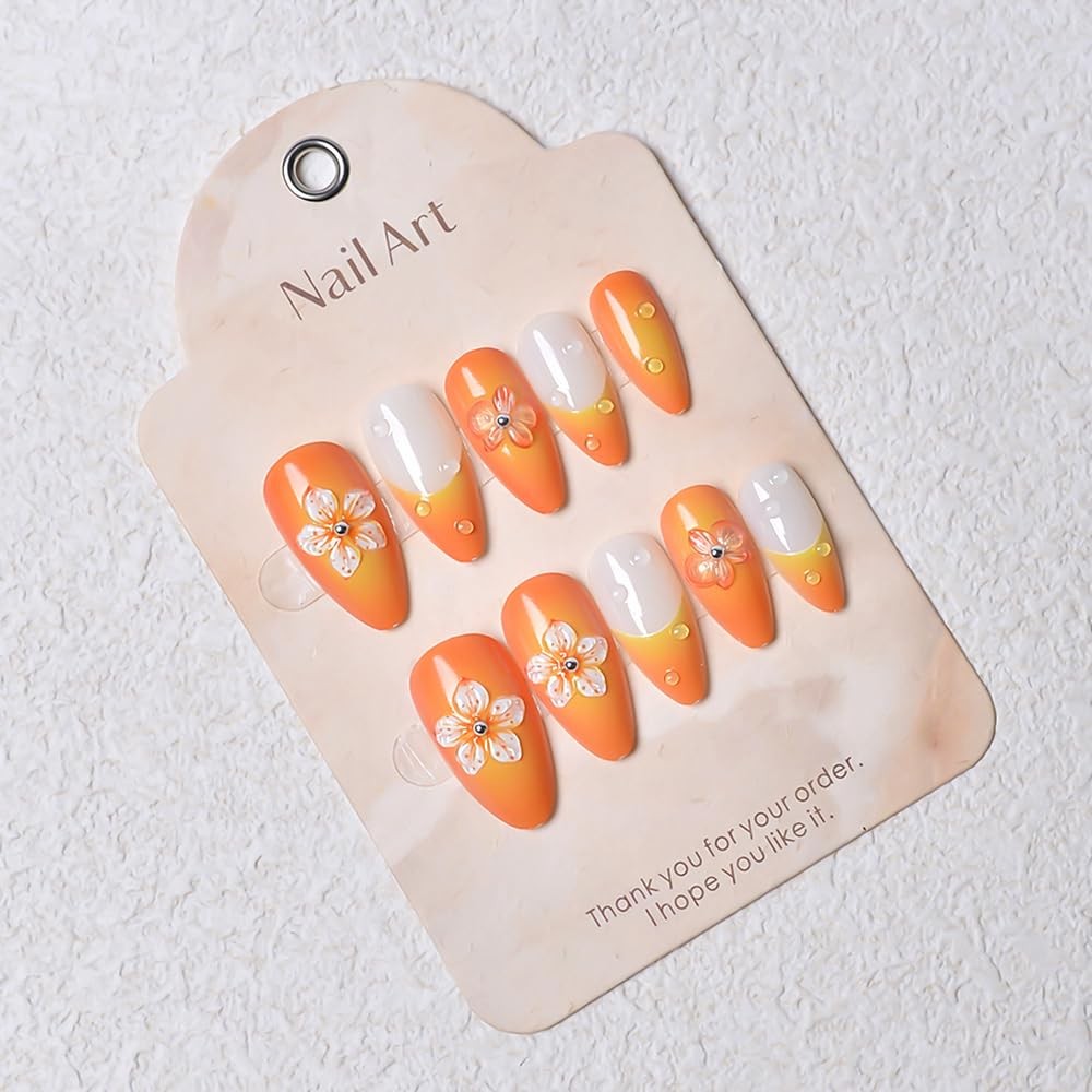 Almond Press on Nails Sunset Ombre French Tip, 3D Frosted Flower, Warm Orange…