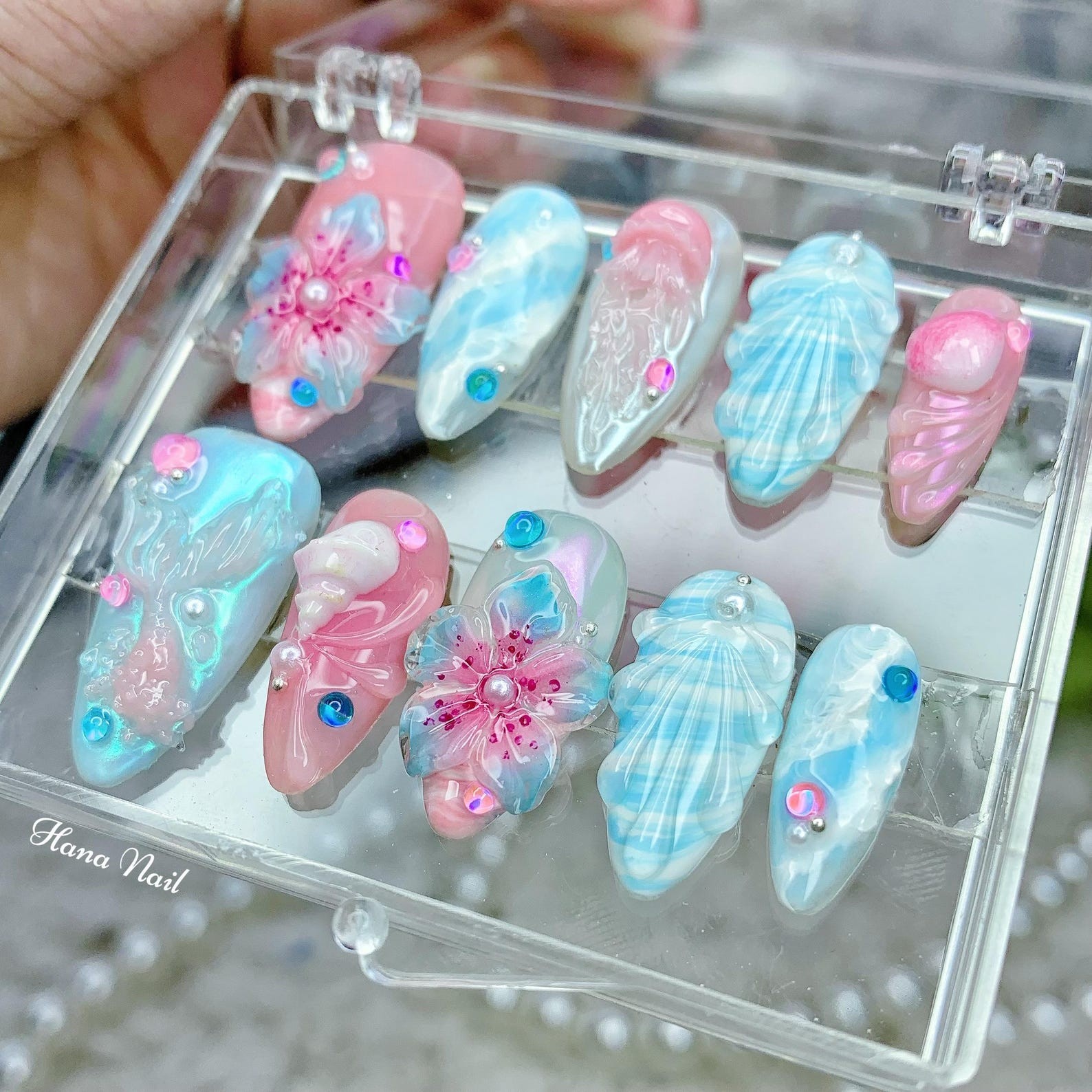 Handmade Mermaid Ocean 3D Flower Seashell Rhinestone Long Almond Press on Nails