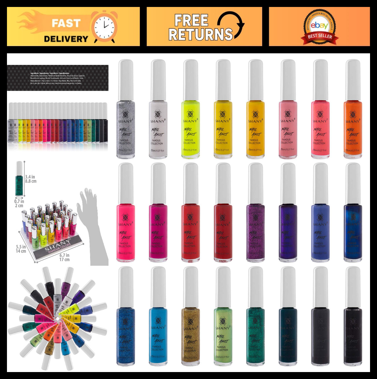 Nail Art Set – 24 Colors Glitter, Metallic, Neon & Matte Polish with Thin Brush