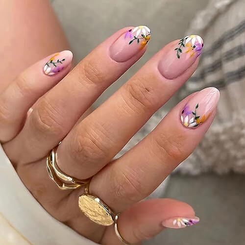 Flower Press on Nails Oval Shapes, Full Cover Acrylic Oval Short Flower W164