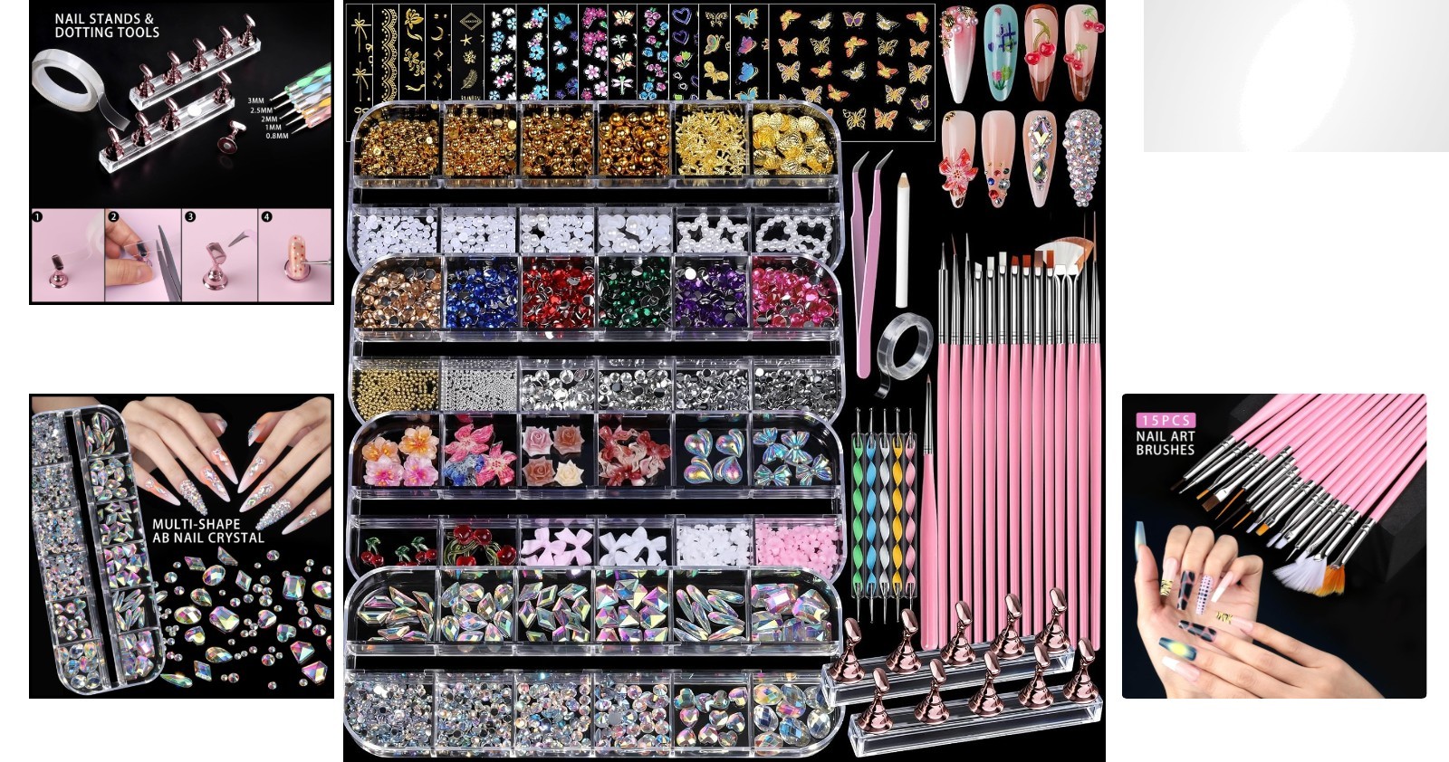 Ultimate Nail Charms & Gems Set with Art Brushes & Magnetic Stand – 4 Boxes