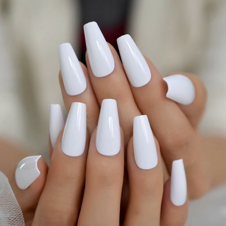 White Press On Nails Glue On Matte or Glossy Long Coffin 24