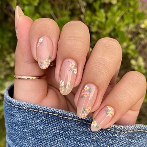 Pink Spring Press on Nails Almond Shape Fake Nails with Small Flower style8
