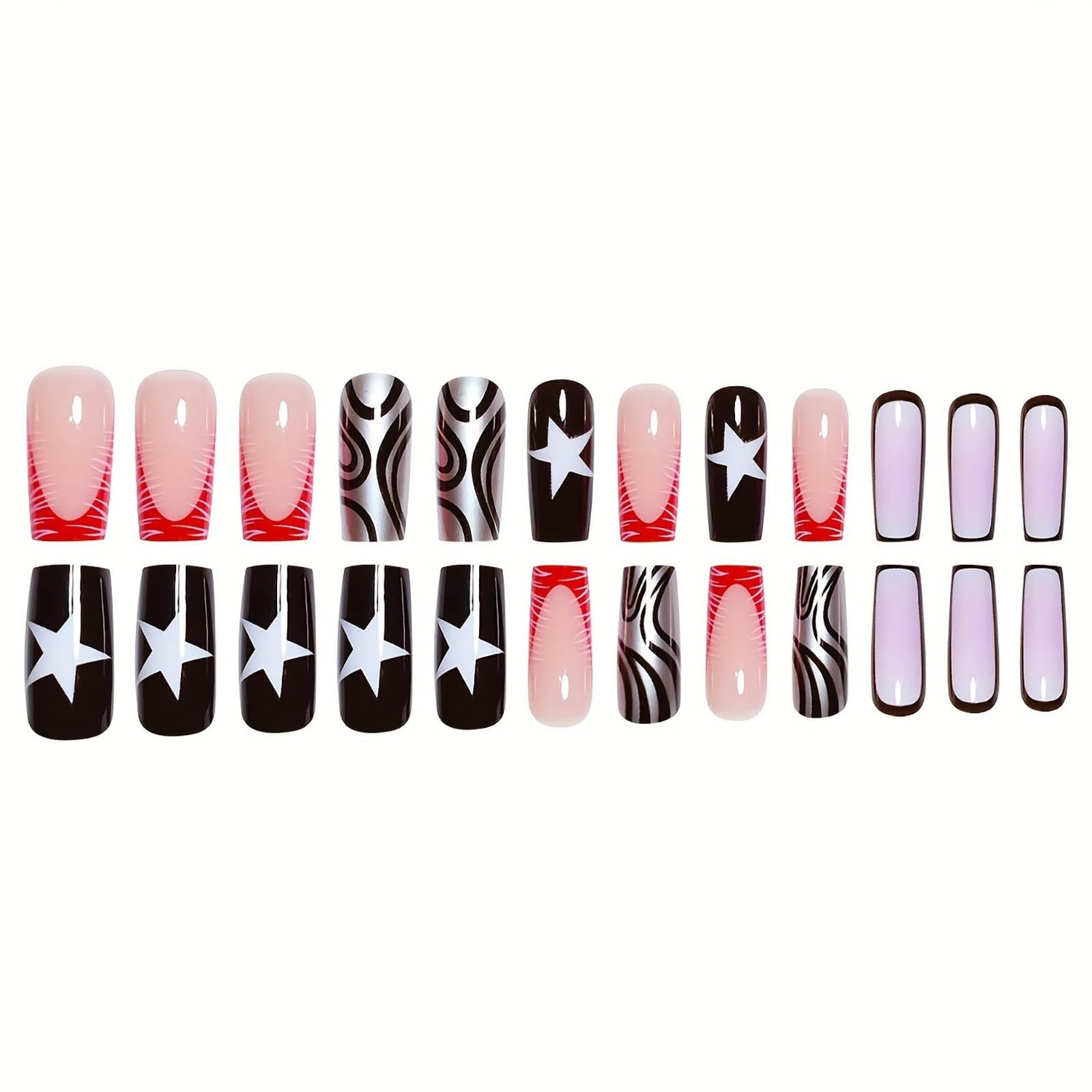 Y2K Black White Star Red Flame Duckbill Long Coffin Press On Nails