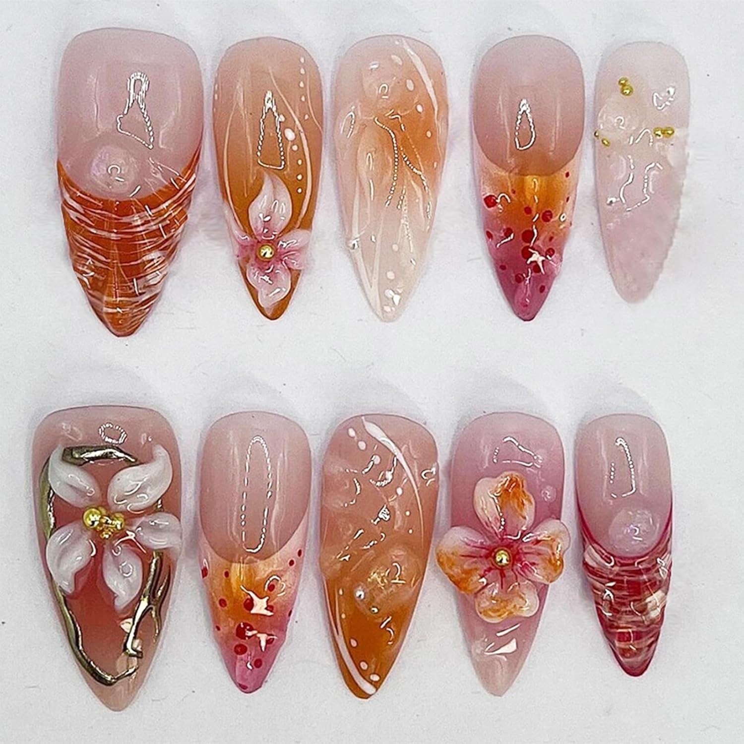 24Pcs 4th of July Press on Nails Medium Almond Full Cover Acrylic Glue On