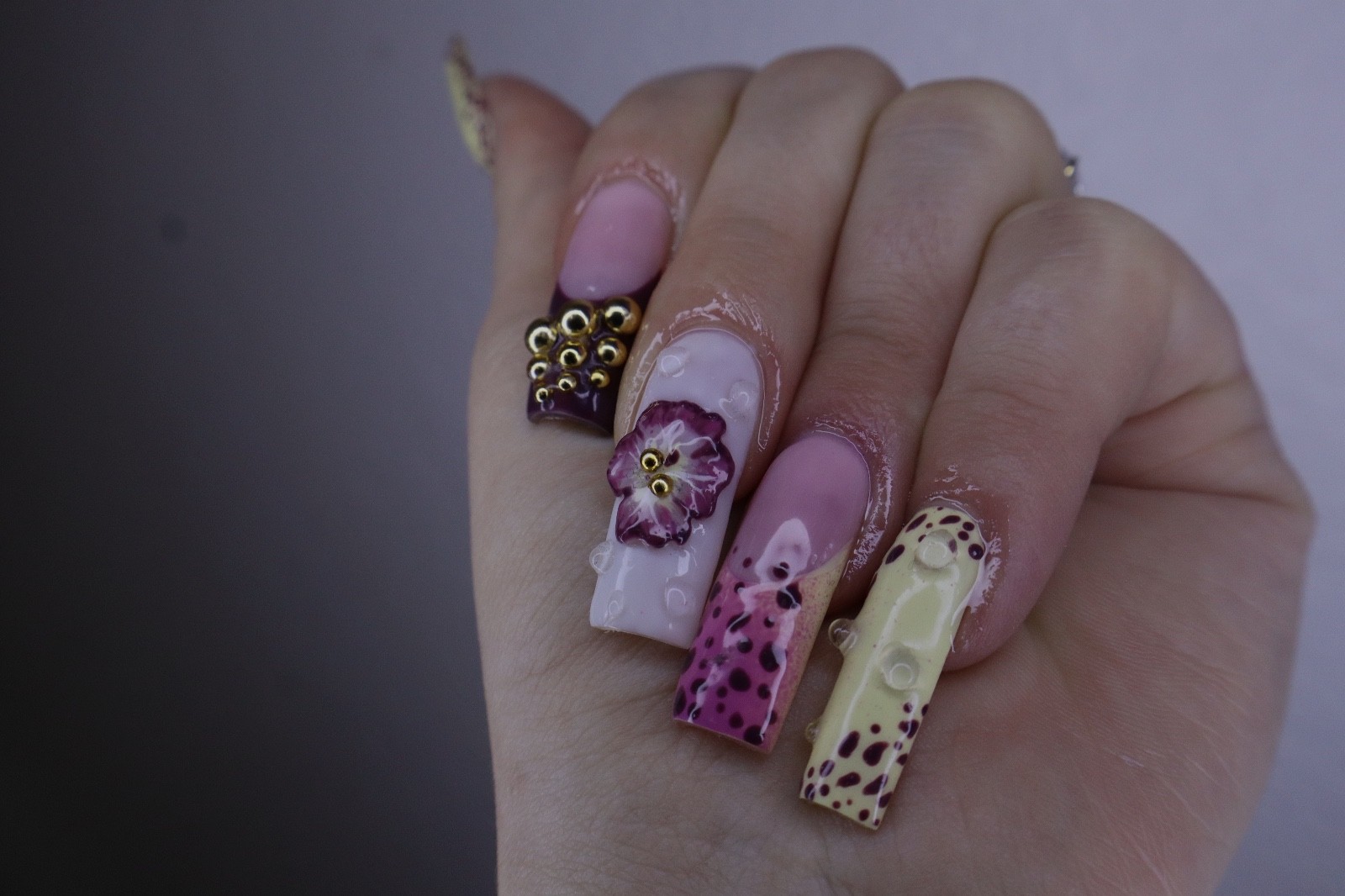 Handmade Press On Nails Yellow Purple Pink Flowers