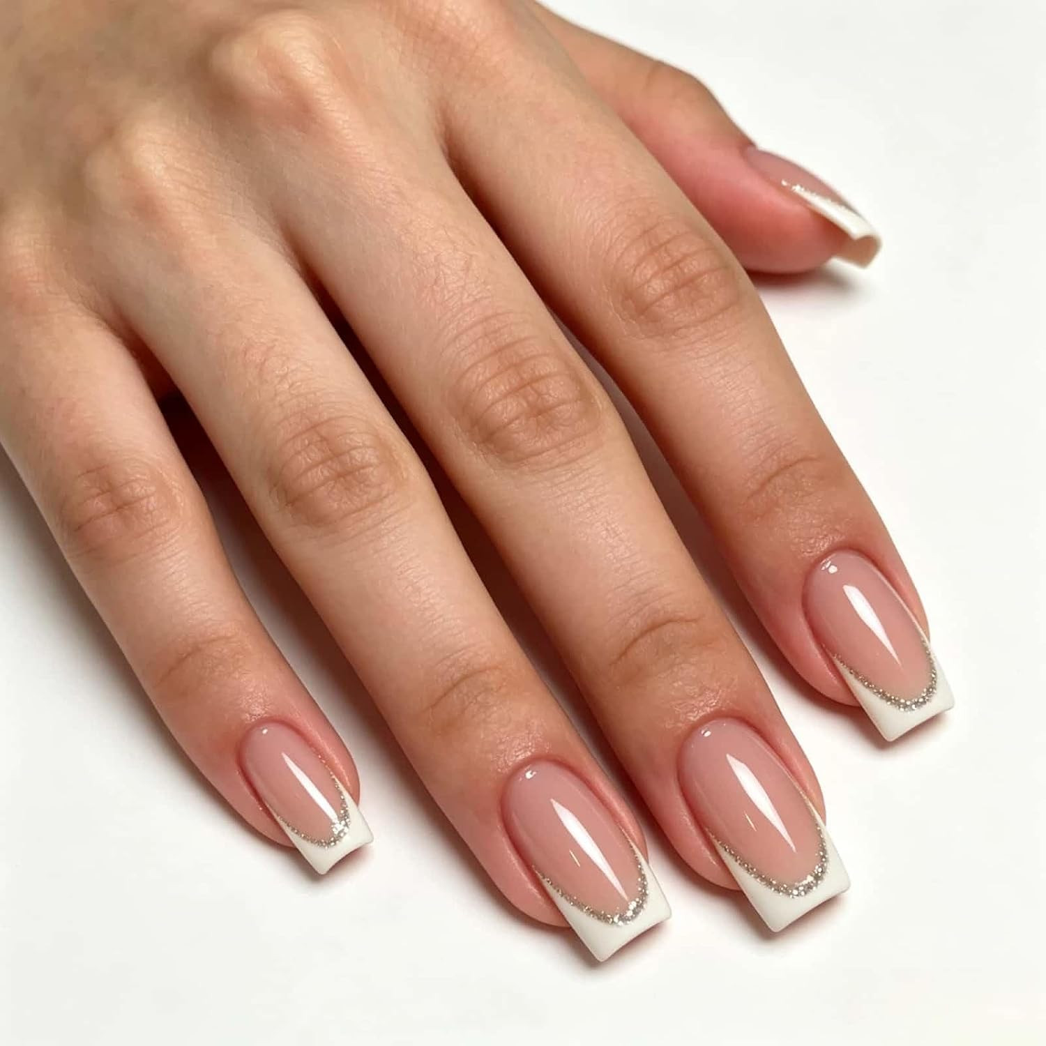 24PCS French Tip Press on Nails, Nude Square Glossy Fake Nails with White Silver