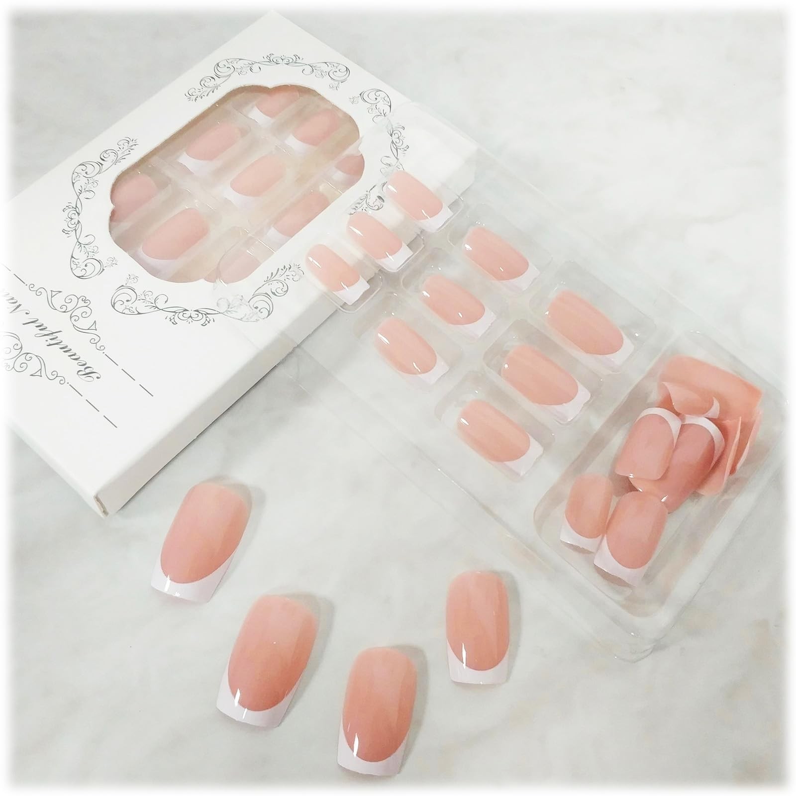 24Pcs White French Tips Press on Nails with Simple Design, Glossy Nude Medium
