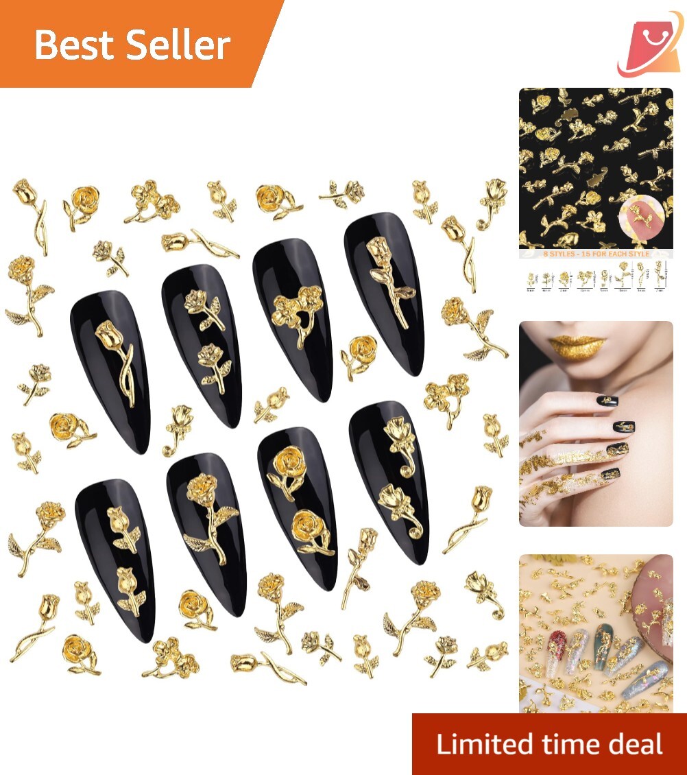 120 PCS Gold Alloy 3D Rose Nail Charms Small Flower Designs DIY Nail Art