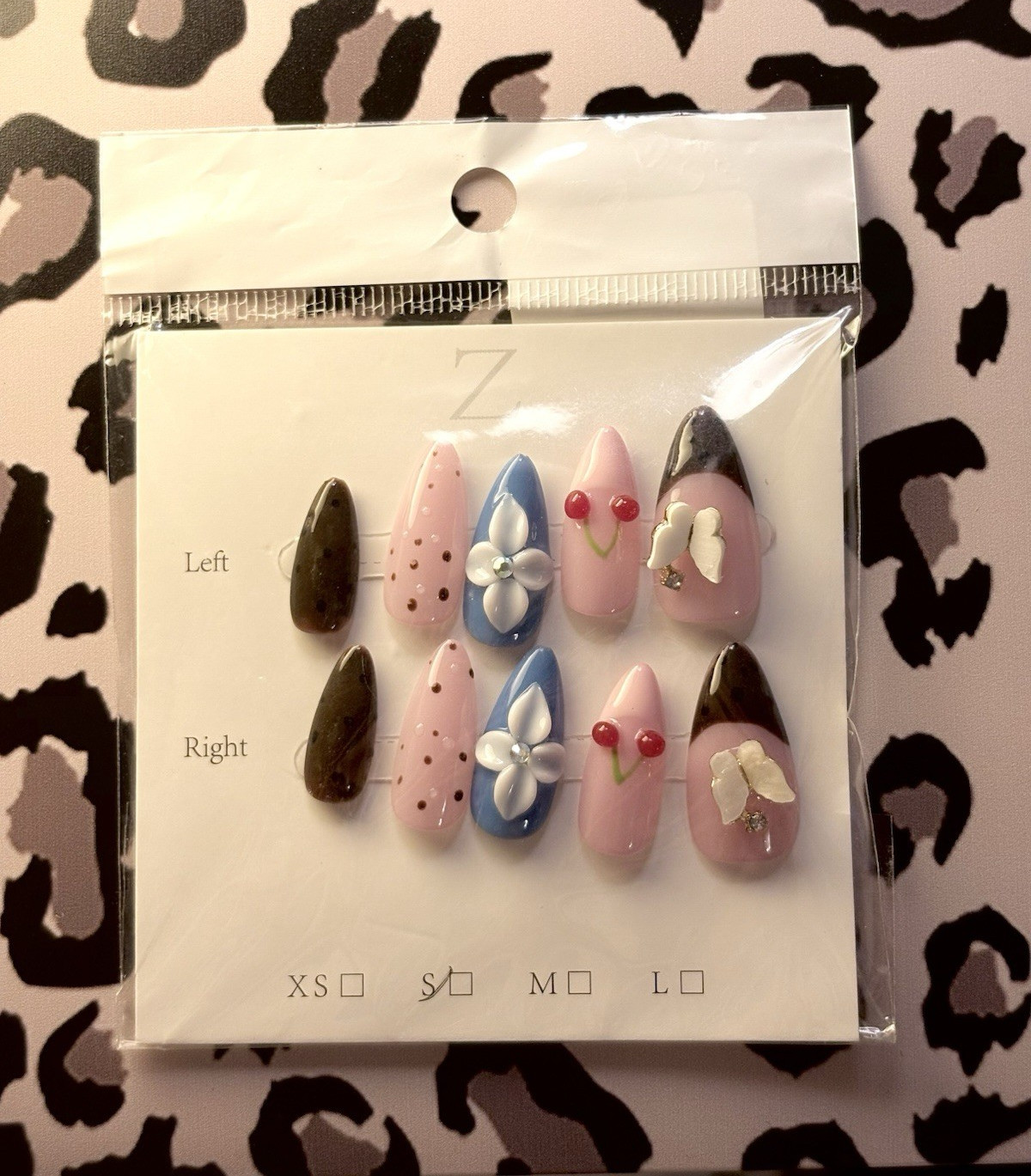 Press-On Nails Pink Blue Black White Red 3D Floral Pre-Designed Full Cover M