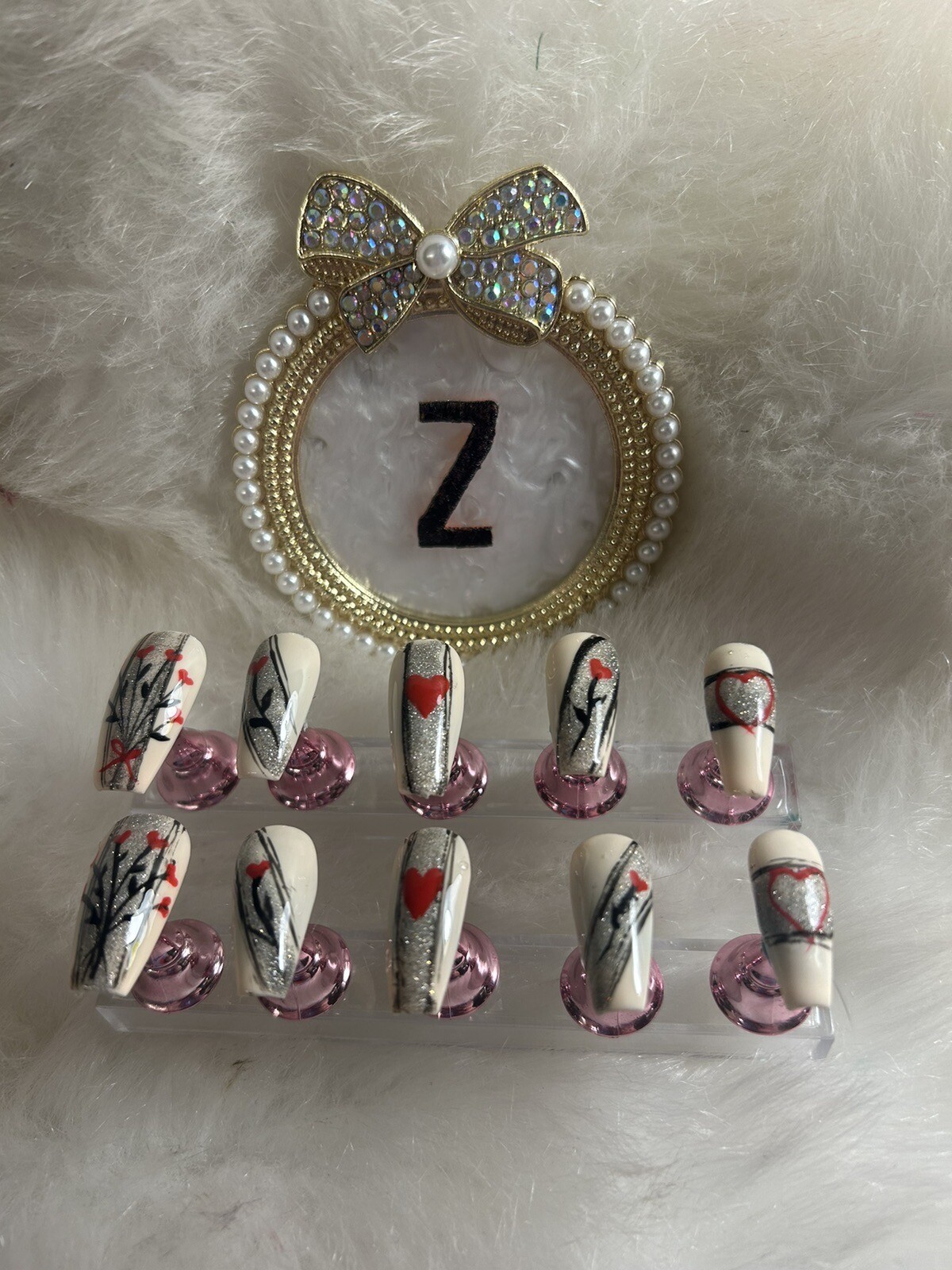 Z NAILZ! Handmade Beige M Coffin With Black/ Red Love Heart V Day Press On Nails