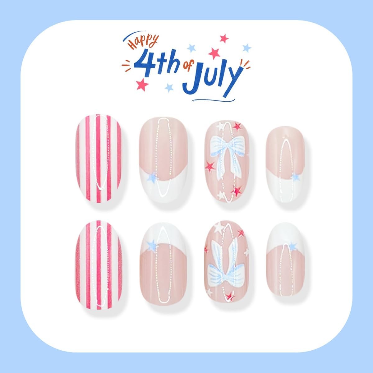 4th of July Press on Nails Short Oval – Red White & Blue French Tip with Stri…