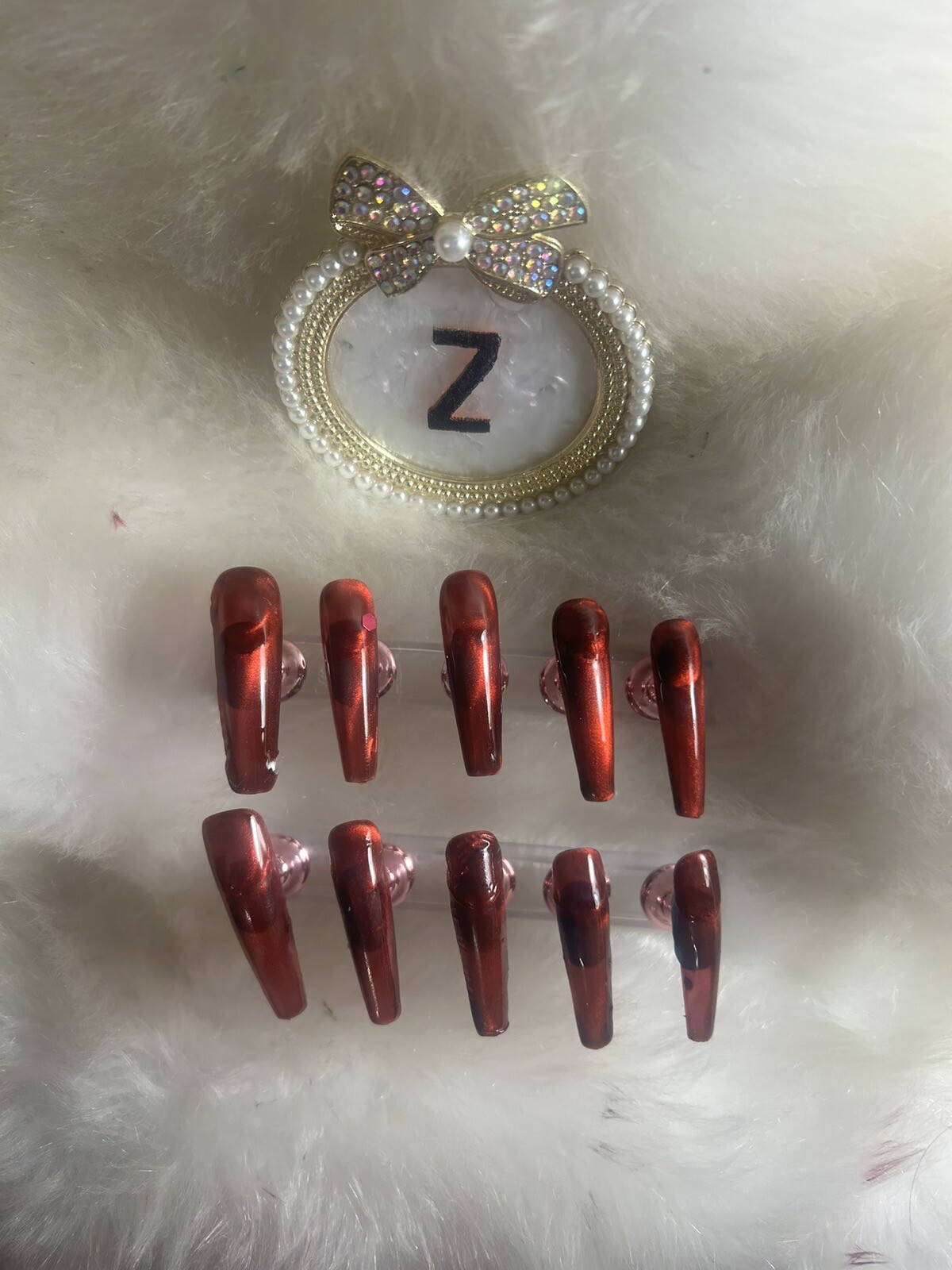 Z NAILZ! Handmade 2XL Coffin Magnetic Red 2 directional Press On Nails