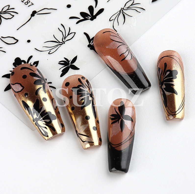 Silver Black 3D Nail Stickers Butterfly Knot Star Flower Transfer Decals NH6