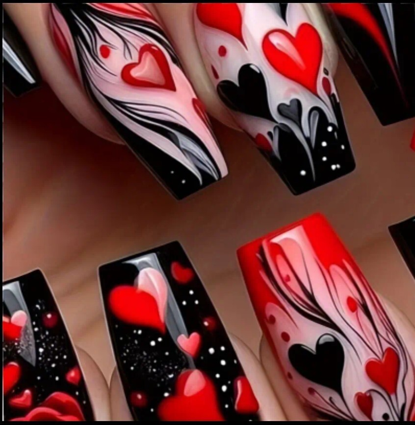 24pcs Heart & Stripe Red White Black & Pink Balcony Nails, Long Press On Nails