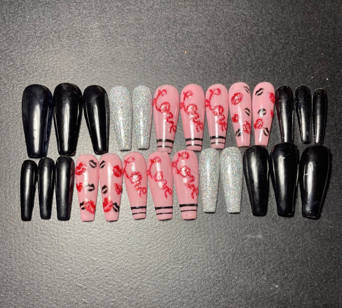 custom press on nails coffin 26 long lips love pink black sparkle silver heart