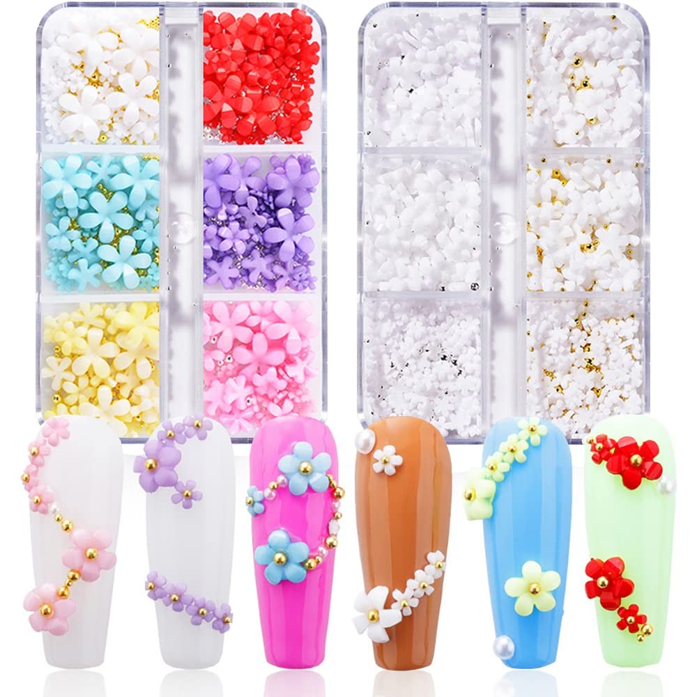 3D Flower Nail Charms, 2 Boxes 3D Acrylic Flower Nail Art Rhinestones White P…