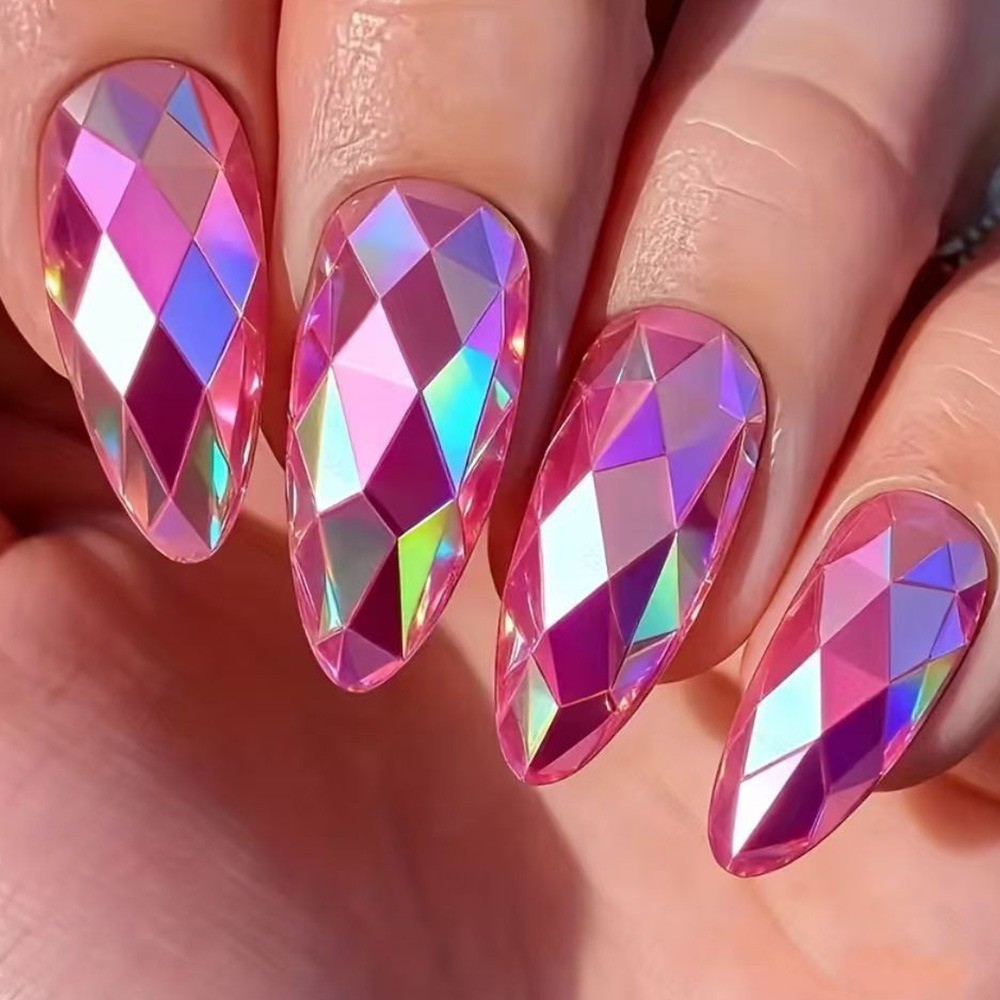 24pcs 3D Rhombus Press-On Nails, Electroplated Almond Fake Tips for Women