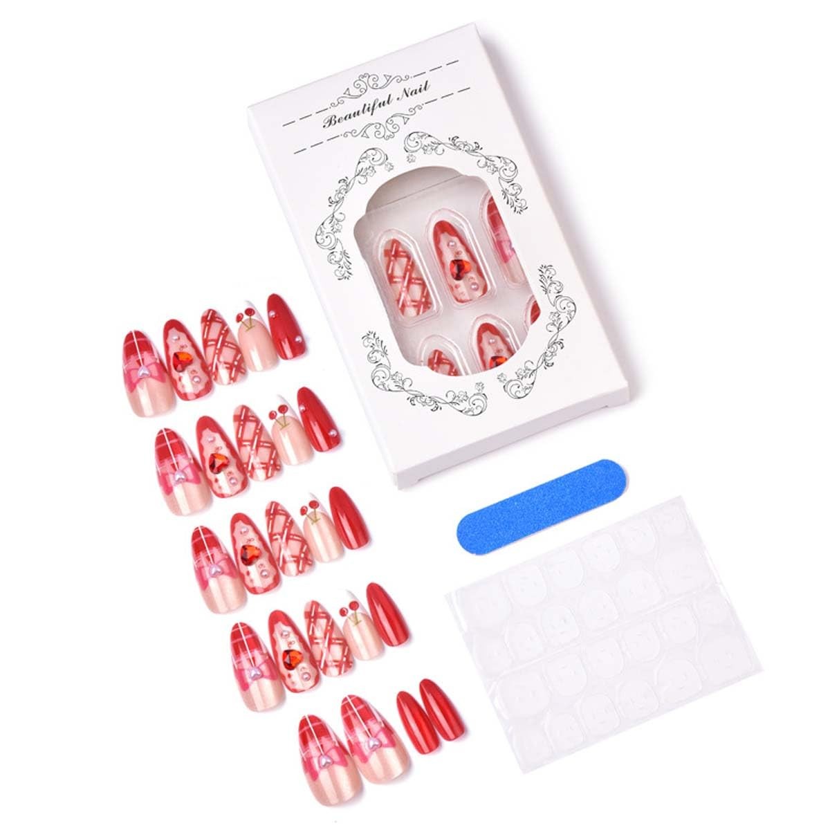 24Pcs Valentines French Tip Press on Nails Medium Almond Bow Cherry Heart Fak…