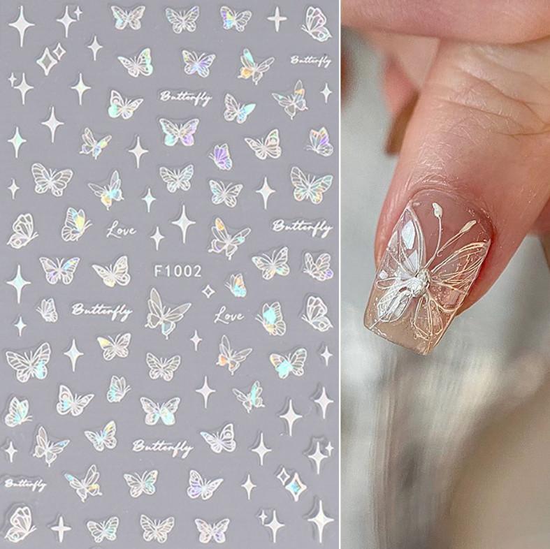 3 or 4Pcs Holographic Laser Pink Black Butterfly Star French Nail Stickers NS20