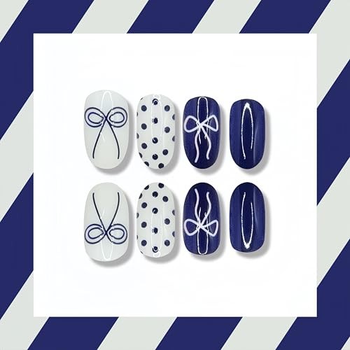 Press on Nails Short Almond Full Cover French Tips Fake Nails with dot and bow