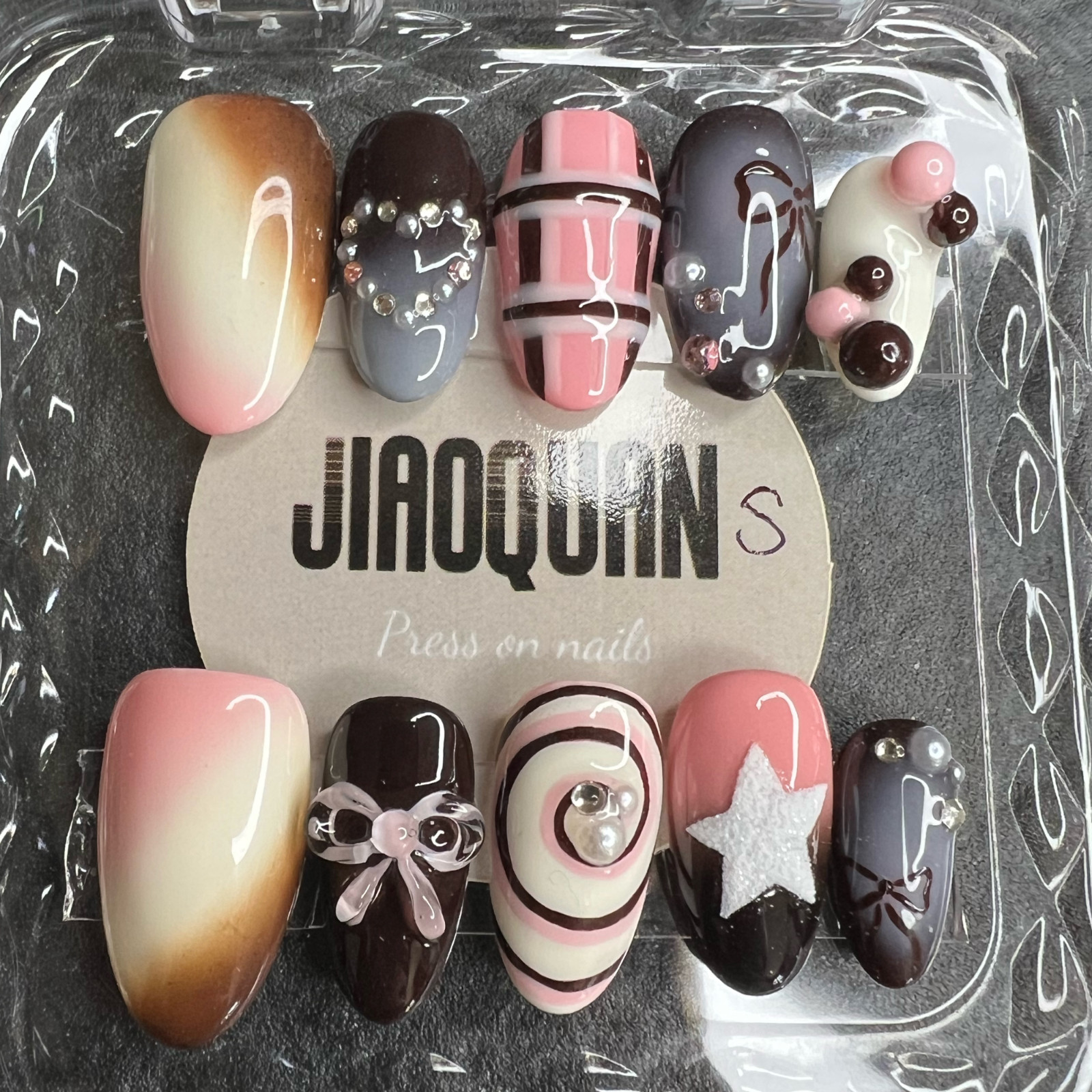 Neapolitan handmade nails-3D press on-pink white brown-ribbon star candy nail