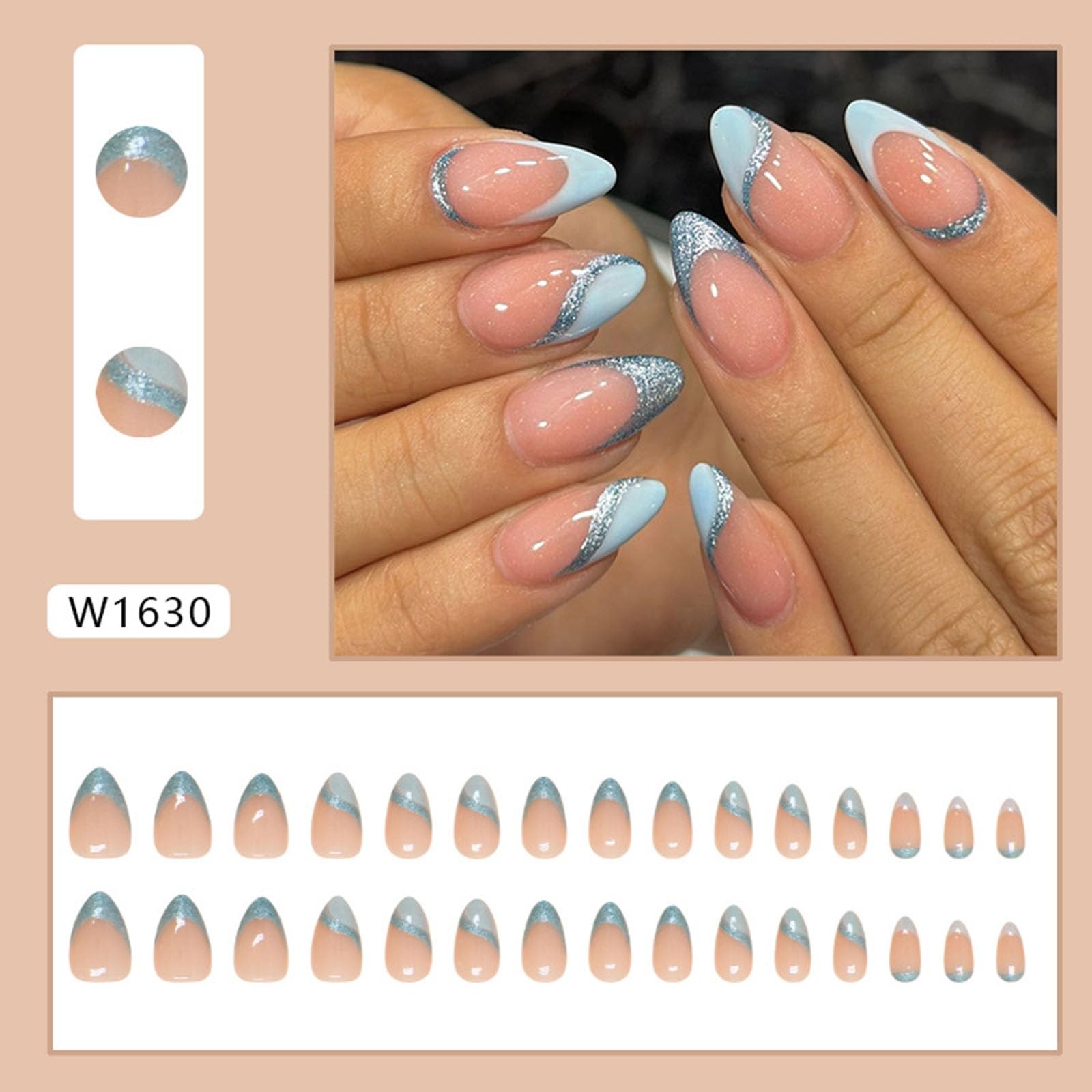 Blue French Tip Press on Nails Short Almond Fake Nails with Glitter Designs S…