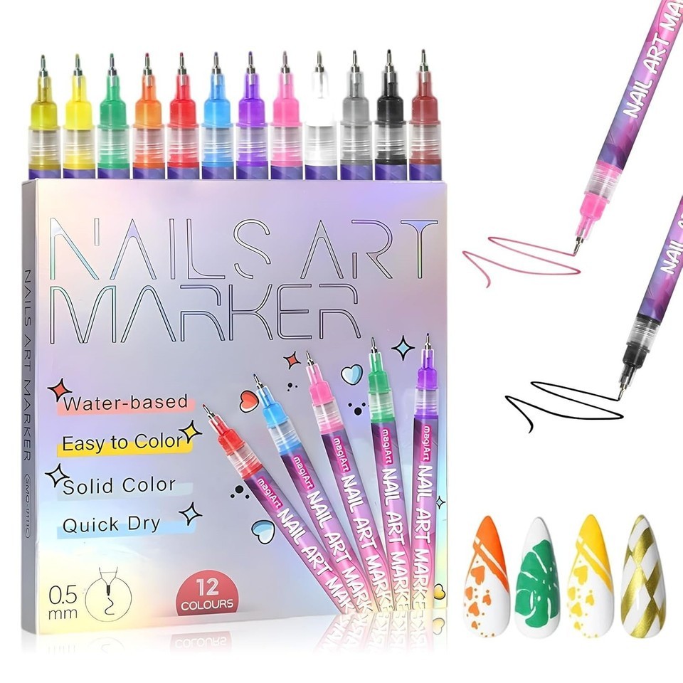 12 Colors Nail Art Marker Pens Set Nail Markers for Nail Art Water Based DIY Kit