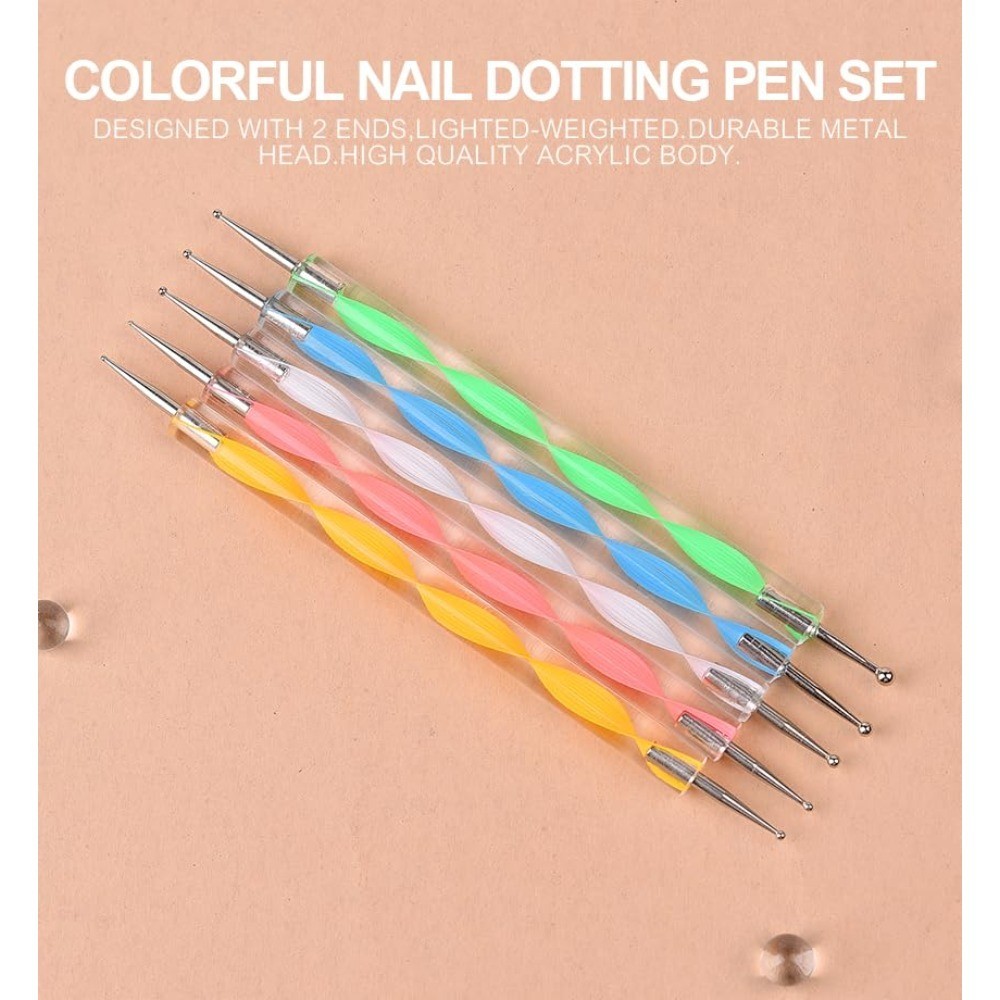 Double-ended Nail Art Dotting Pen Set of 5 with 10 Different Sized Ball Tips for
