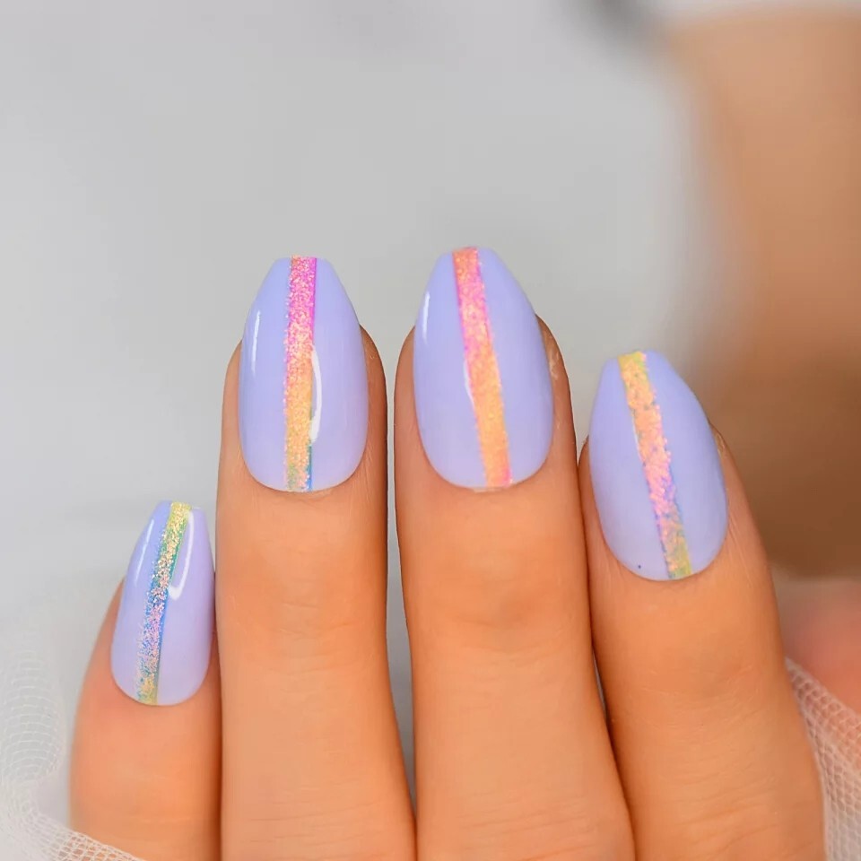 24 Purple Holographic Press On Nails w/ Glue glitter rainbow bright light purple