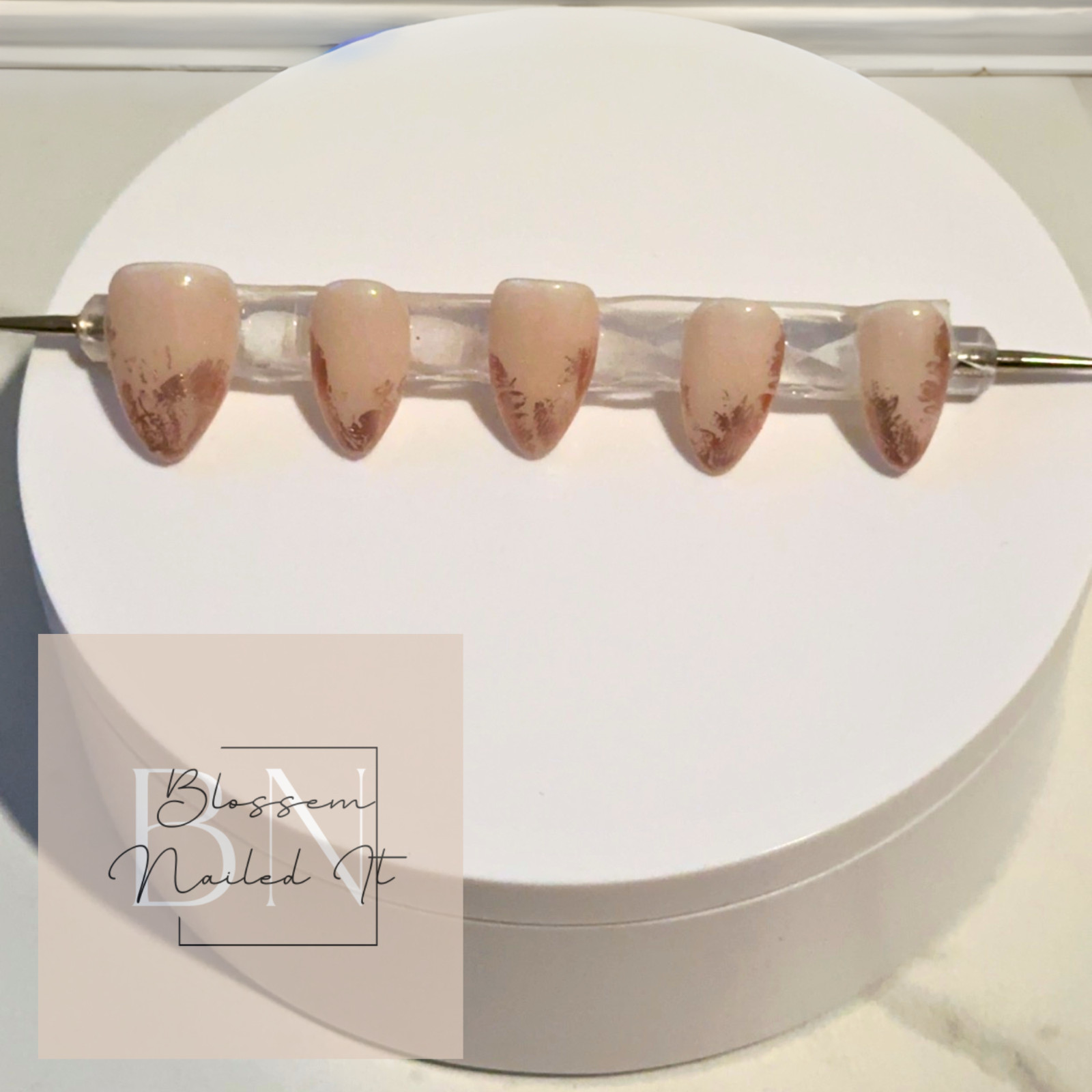 Rose Gold shattered French press on nails. Long and short styles available.