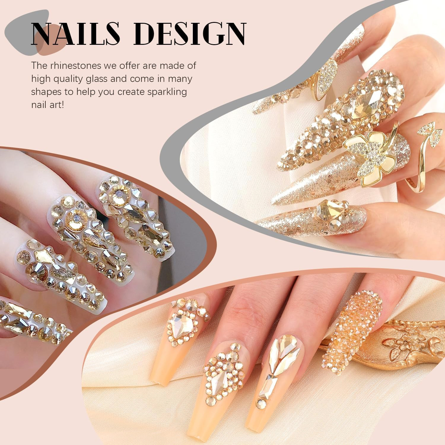 3100Pcs Champagne Gold Nail Rhinestones Kit, 1.5-3Mm Mini Nail Gems + Multi Shap