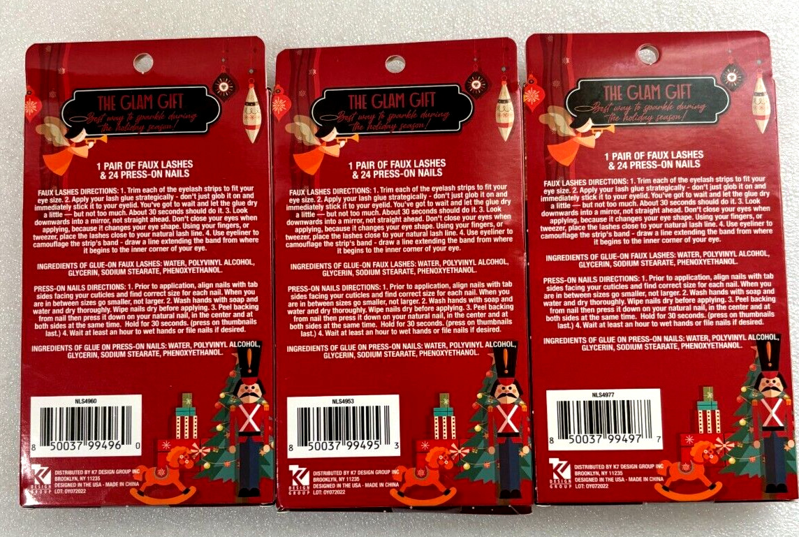 3 Pack Glam Christmas Gift Faux Glitter Lashes + 24 Press On Nails x 3 boxes