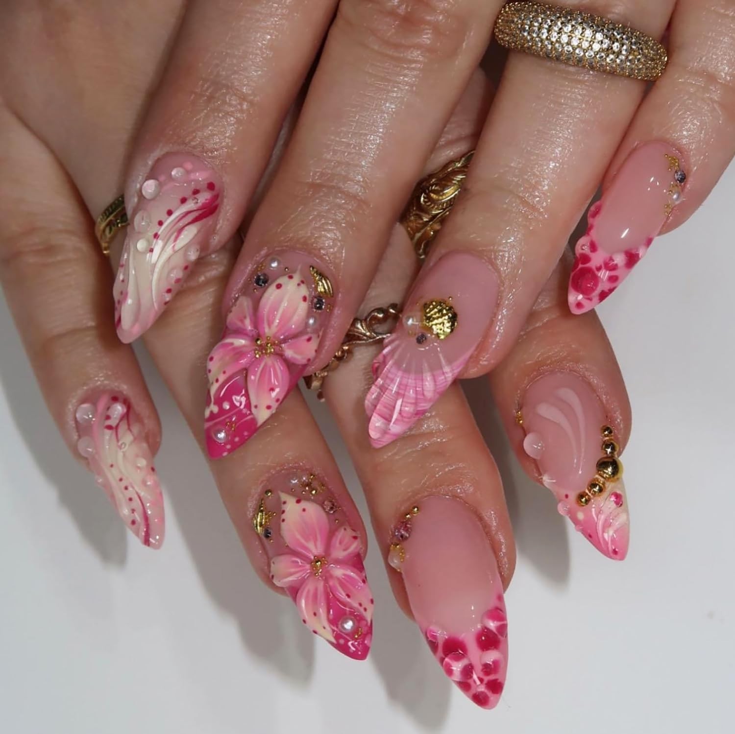 PSBRBAD Summer Flower Almond Press On Nails Medium