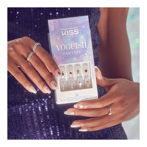 KISS Voguish Fantasy, Press on Nails, Fancy Elves, White, Short Coffin, 28 Count