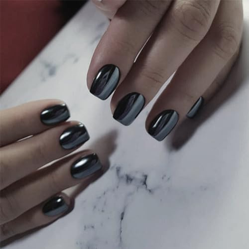 Mirror Metal Black Press on Nails Short Square, Chrome Glazed square black
