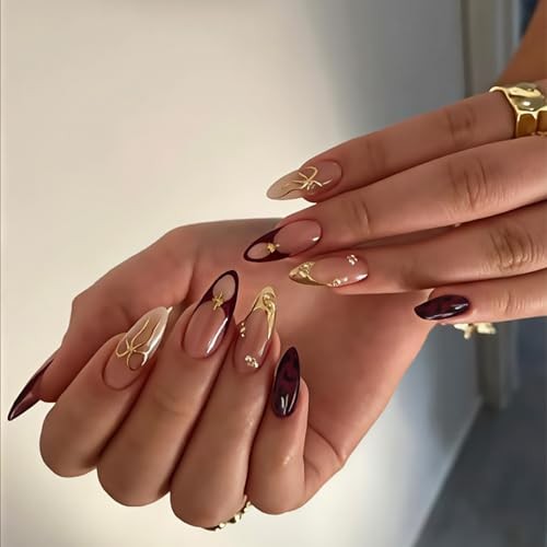 French Tip Gold Trim Acrylic Medium Almond Nude Pink Burgundy False Nails