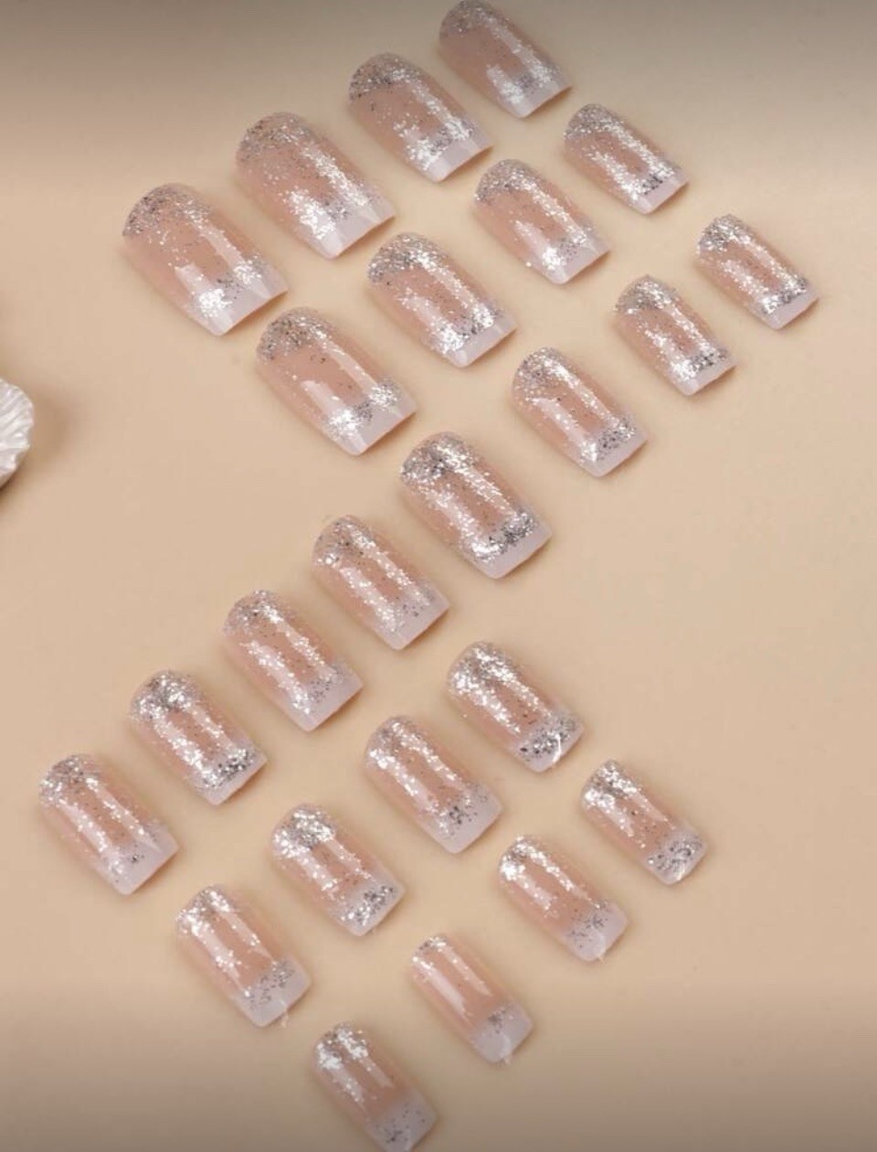 Traditional French Tips & Silver Glitter Square Nail Kit | 24-Piece Press-On