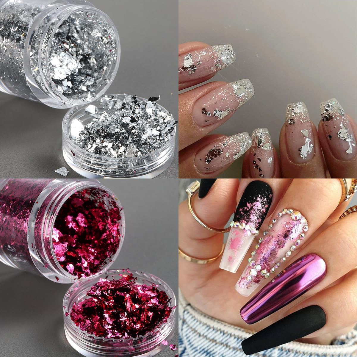 Gold Foil Flakes for Nail Art, 6 Bottles Irregular Silver Hot Pink Gold Leaf for