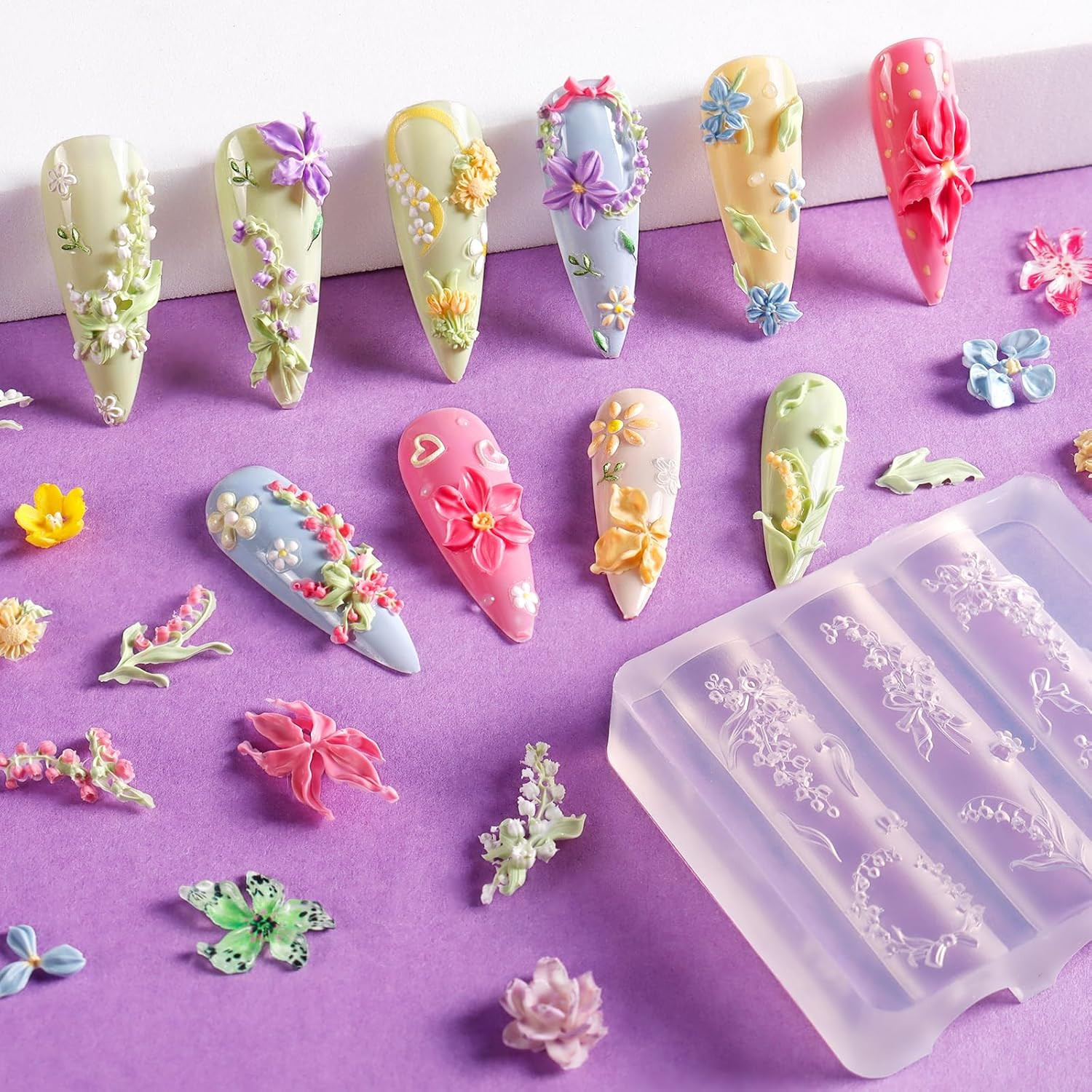 4Pcs Silicone Nail Art Molds, Acrylic 3D Spring Summer Flower Nail Charms Molds
