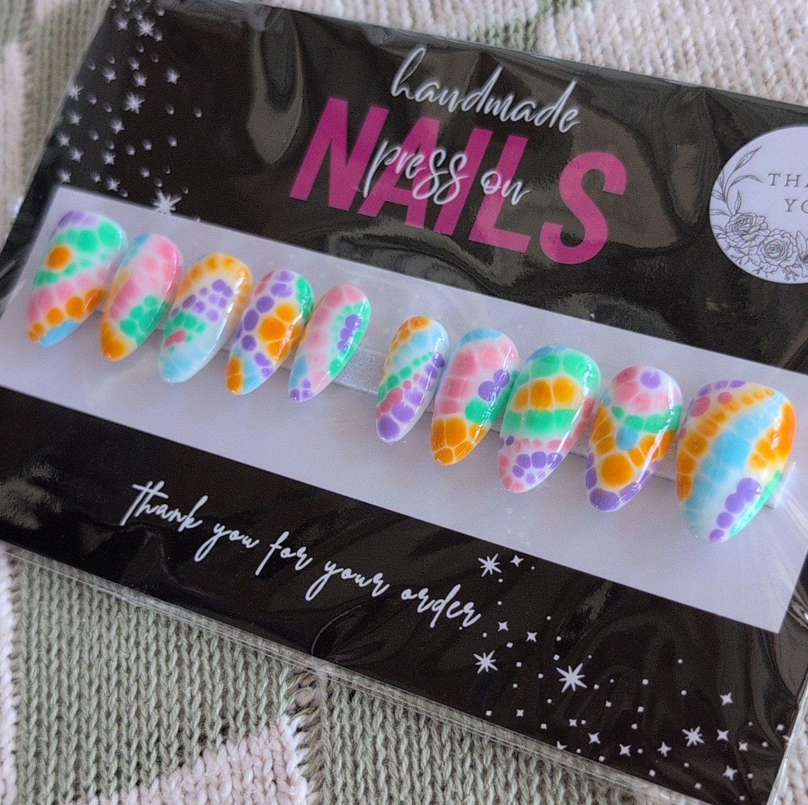 Press-On Nails Handmade Almond Long Multicolor Abstract Sized Large