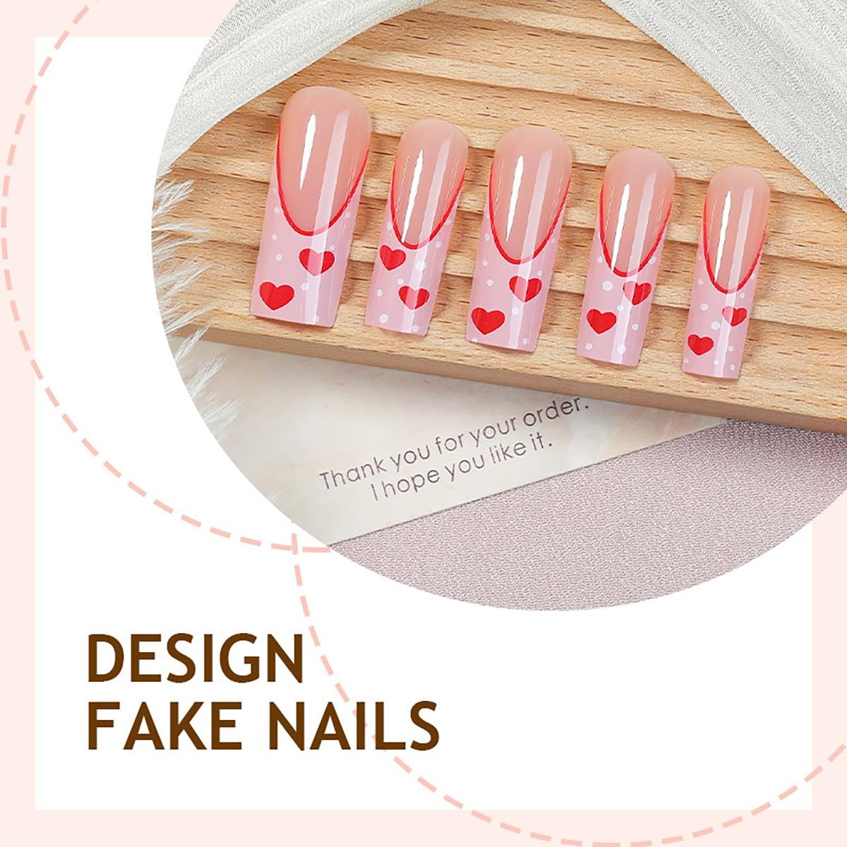 24Pcs Red Heart Press on Nails Long Square Fake Nails French Tip Glue on Nail…