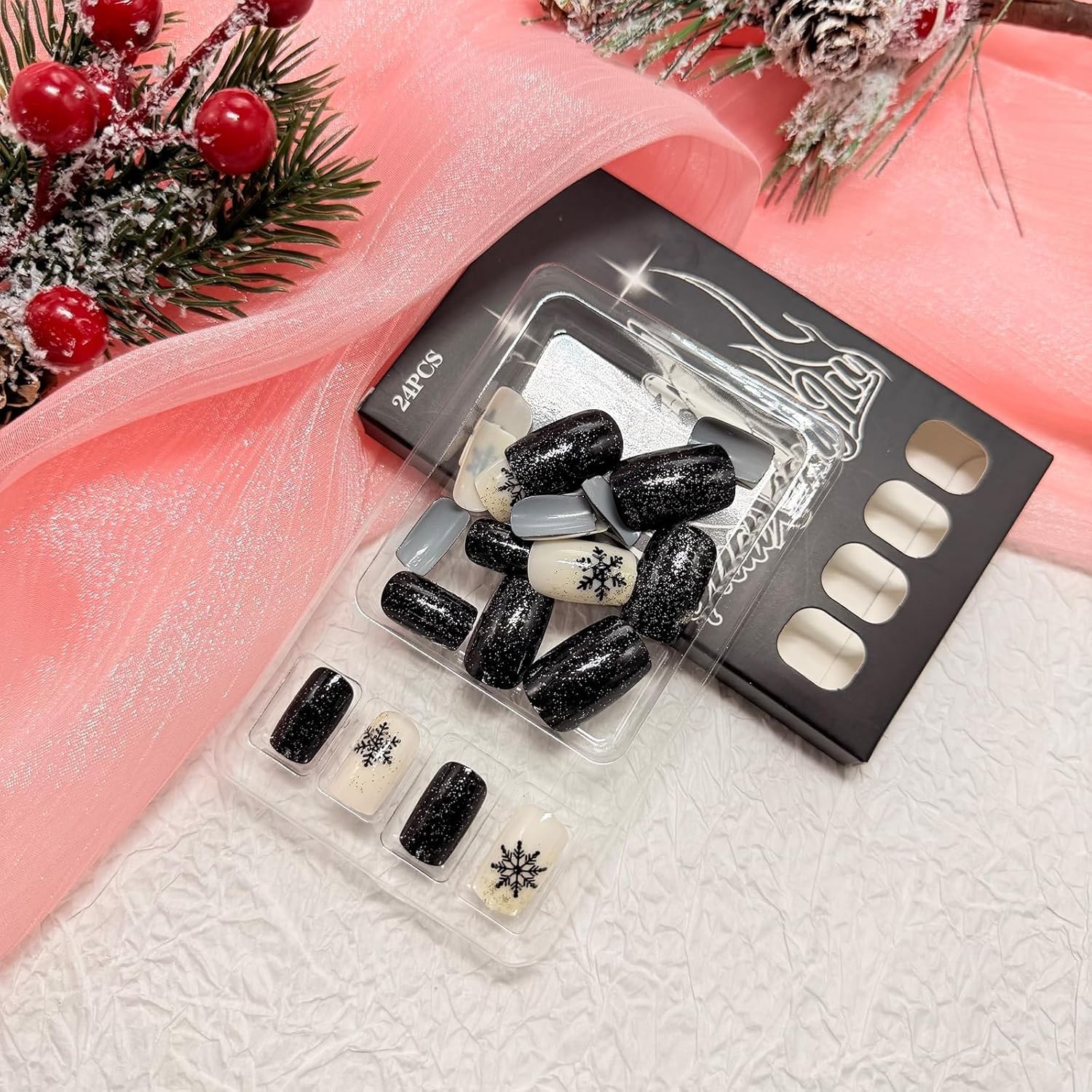Black Press on Nails Medium Square Fake Nails with Designs Snowflake Stick