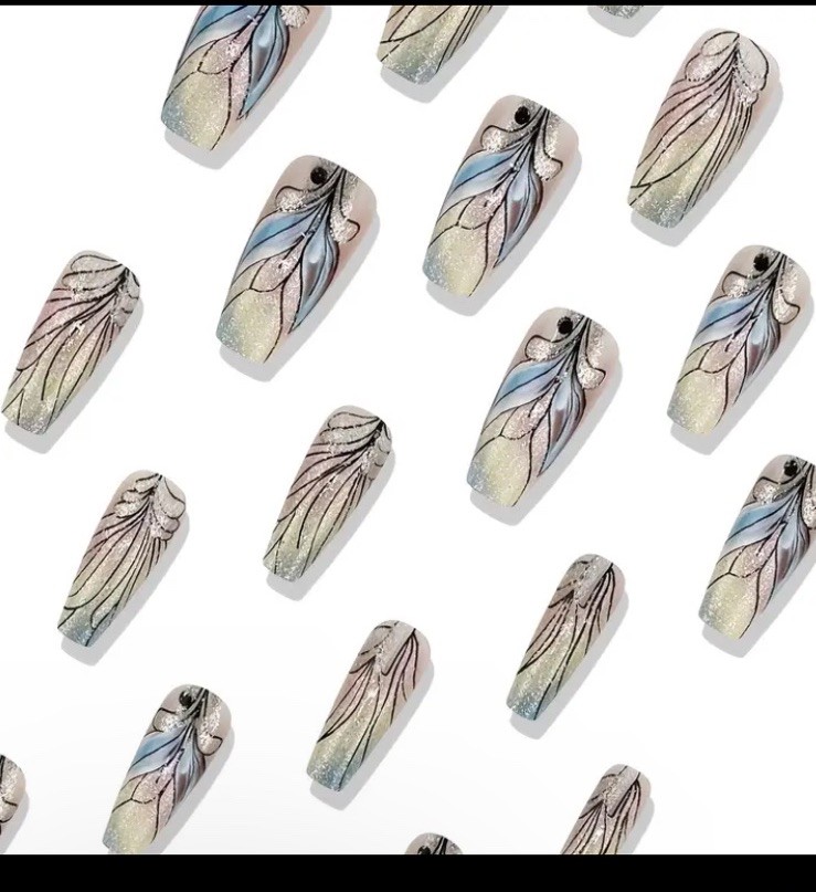 Peacock Feather Long Coffin Nail Tips 24pcs Feminine Boxed Nails GLUE & Tabs