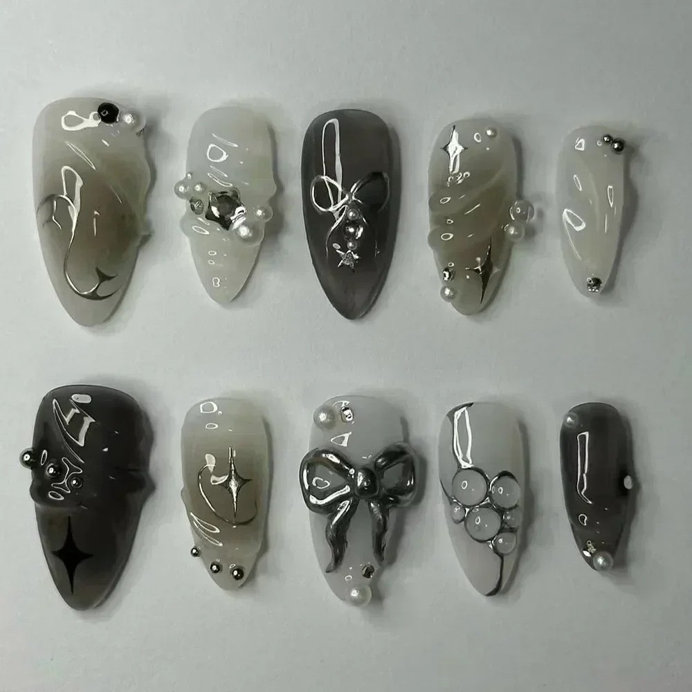 5PCS Almond Press On Nails Black Silver Bow Diamond Y2K False Nails with Glue