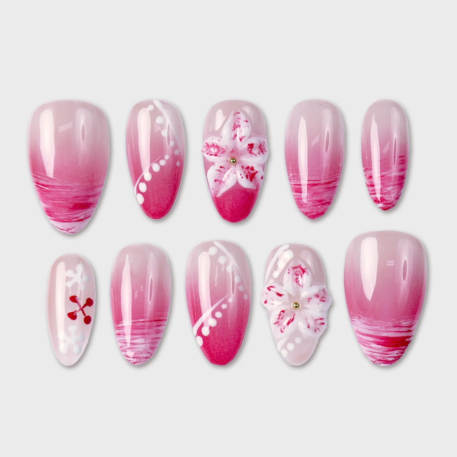 SIYOU Flamingo Rush Almond Pink, Red & White Press-On Nails 10pc