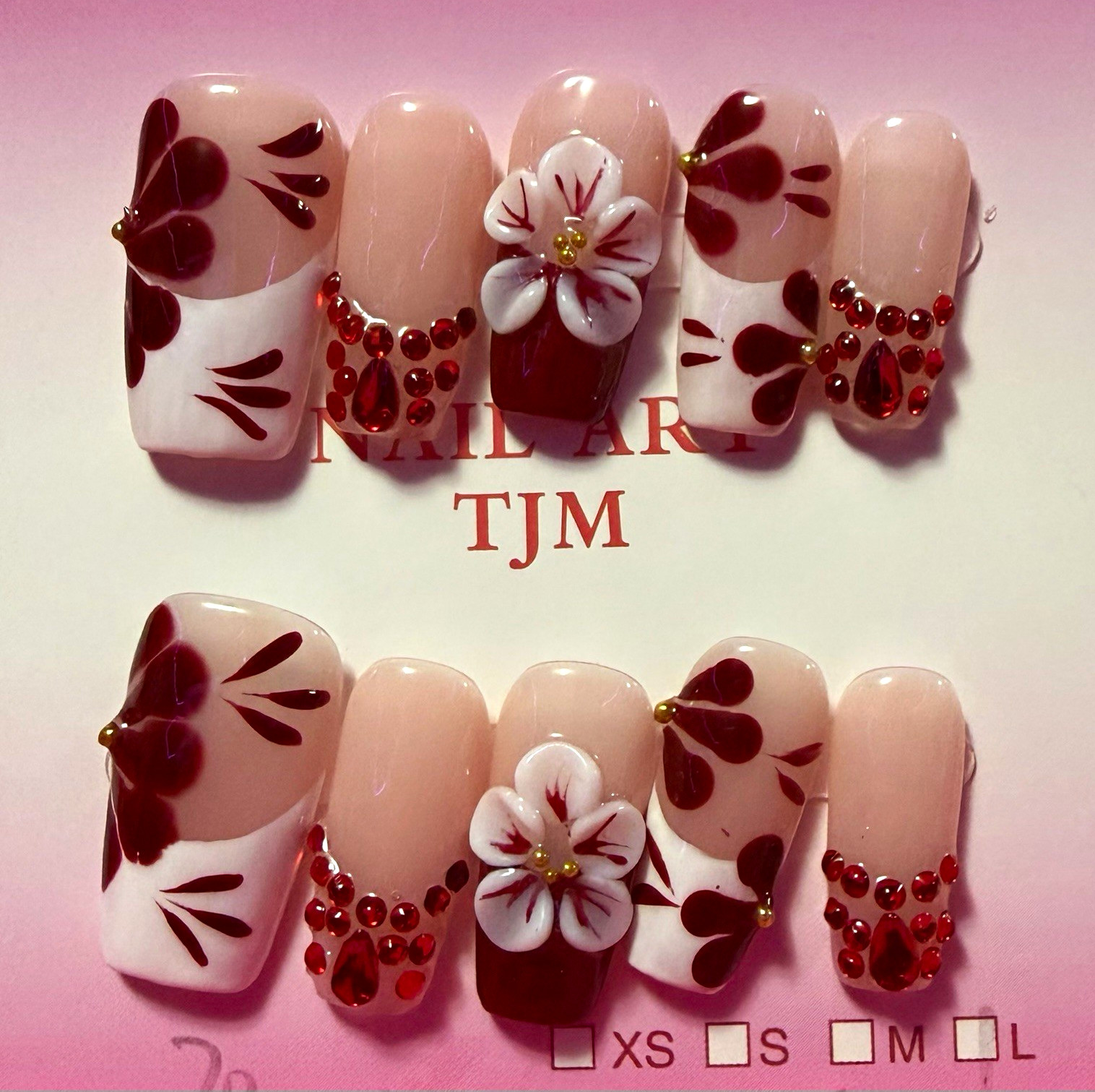 Pink/White/Red 3D Floral Press-On Nails Set, size large