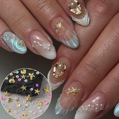 Summer Starfish Nail Charms & Gems Mermaid Colorful Colorful Bead Pearl -12