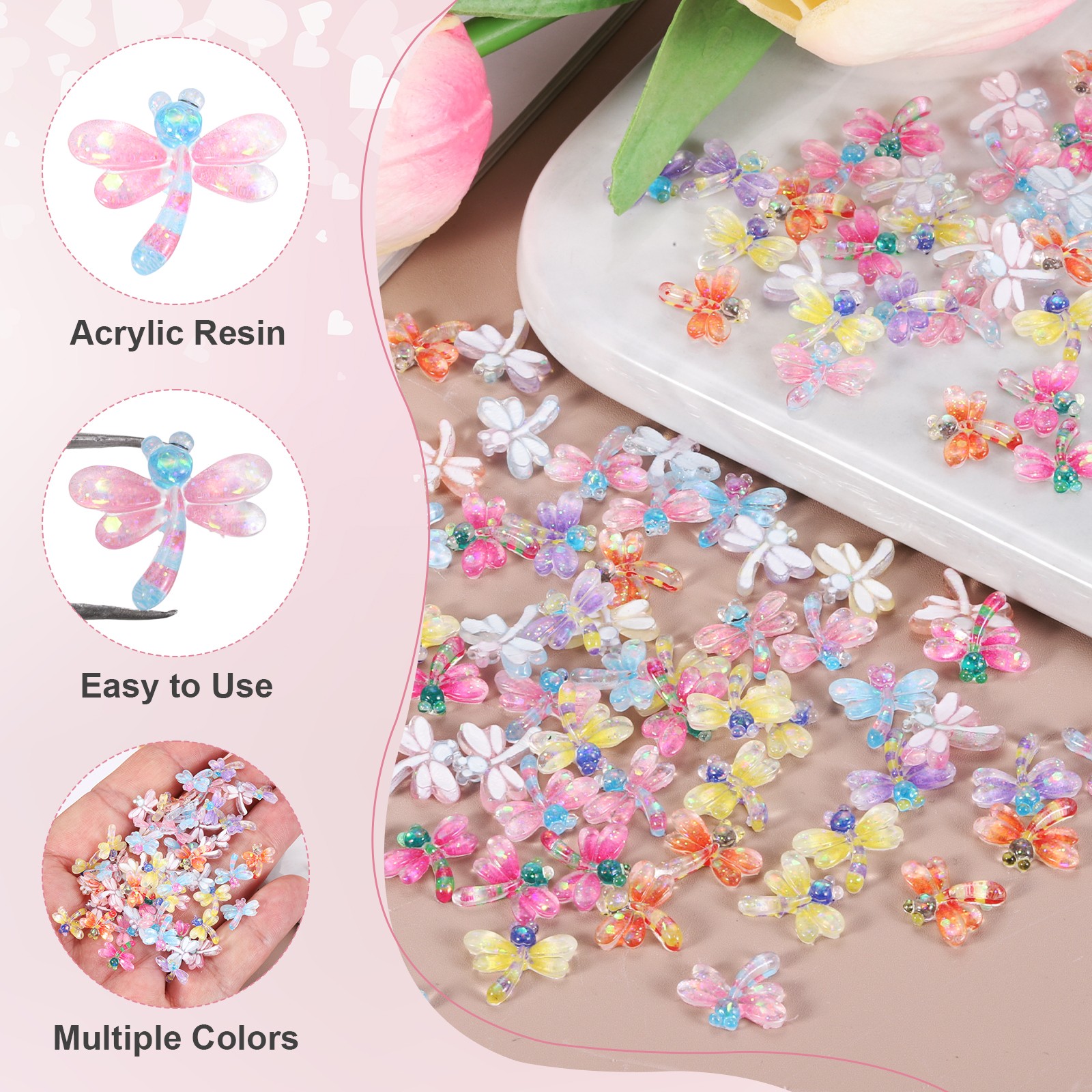 Resin Dragonfly, Mini Dragonfly 3D Flowers for Nails 50 Pcs & Pink/Blue